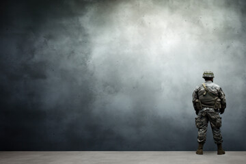 War Hero Graphic Resource: Dark Gray Grunge Backdrop with Soldier in War Gear Generative AI