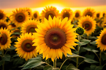 Obraz premium Field of yellow sunflowers flowers. Sunflower sways in the wind. Beautiful fields with sunflowers in the summer in rays of bright sun. Crop of crops ripening in field