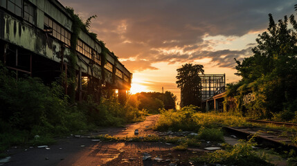 Fototapeta na wymiar Abandoned industrial building, overgrown with greenery, urban exploration, contrasting nature and man - made structures, dramatic sunset lighting