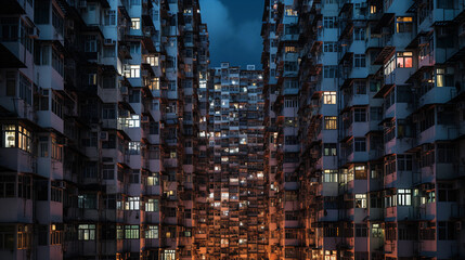 Elevated urban landscape of a crowded Hong Kong apartment block, compact living spaces stacked...
