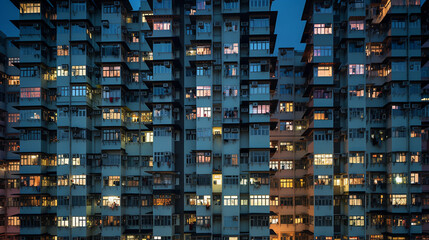 Elevated urban landscape of a crowded Hong Kong apartment block, compact living spaces stacked high, dusk light