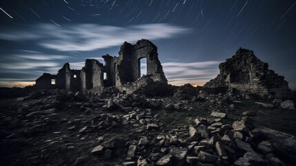 Obraz premium Ghostly ruins under a star - filled sky, remnants of an old castle, long exposure, enigmatic and eerie