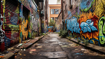 Fototapeta premium Graffiti covered concrete jungle: weathered brick walls adorned with vibrant street art, moss creeping into corners, concrete aged by time, rusted metal structures, urban decay