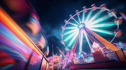 carnival at night, ferris wheel in motion, laughter and joy in the air, vibrant colors - obrazy, fototapety, plakaty