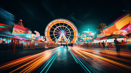 carnival at night, ferris wheel in motion, laughter and joy in the air, vibrant colors - Powered by Adobe