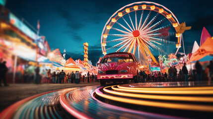 carnival at night, ferris wheel in motion, laughter and joy in the air, vibrant colors