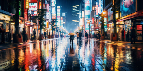 bustling Tokyo district, neon lights reflecting off wet streets, anonymous crowd in motion blur - obrazy, fototapety, plakaty