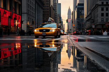 New York City streetscape at dawn, vibrant colors reflecting off of the wet pavement from a recent rain shower, Taxi in the foreground, skyscrapers in the background