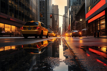 Fototapeta na wymiar New York City streetscape at dawn, vibrant colors reflecting off of the wet pavement from a recent rain shower, Taxi in the foreground, skyscrapers in the background
