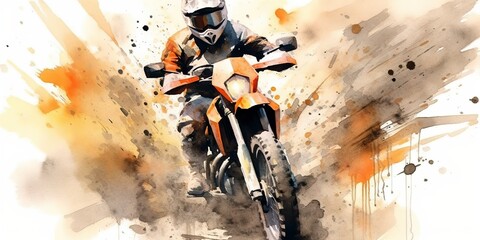 AI Generated. AI Generative. Enduro moto cross offroad motorbike motorcycle dirty road outdoor watercolor paint draw art. Graphic Art