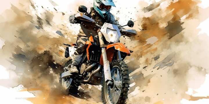 AI Generated. AI Generative. Enduro moto cross offroad motorbike motorcycle dirty road outdoor watercolor paint draw art. Graphic Art