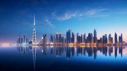 Obraz premium Stunning cityscape of Dubai, showcasing the juxtaposition of traditional architecture and modern skyscrapers at twilight
