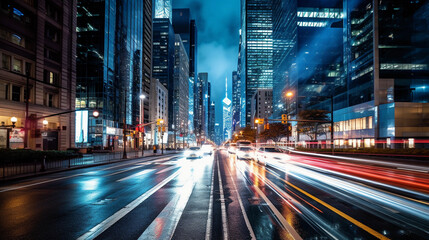 The hustle and bustle: Time - lapse inspired city scene, streams of car lights under the city's skyscrapers, energy of urban life
