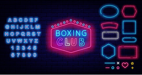 Boxing night neon label. Power sport. Vintage frame on brick wall Fight club. Editing text. Vector stock illustration - obrazy, fototapety, plakaty