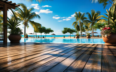 Fototapeta premium the pool deck and wooden planks are seen in the background