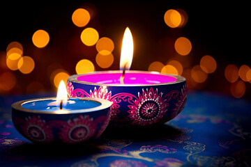 Happy Diwali - beautiful clay diya lamps lit during Diwali celebration