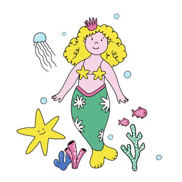 Beautiful vector stock illustration with cute hand drawn mermaid. Clip art.