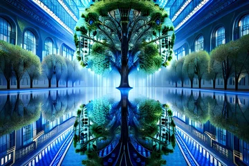 Fotobehang Light refraction Blue tree. Surreal art. 3D rendering. Generative AI © John