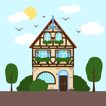 Half timbered house with garden.
Traditional european building. Vector flat illustration of landscape with fachwerk cottage.