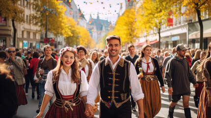 Obraz premium Young German couple wearing traditional clothes at October Fest parade in Germany