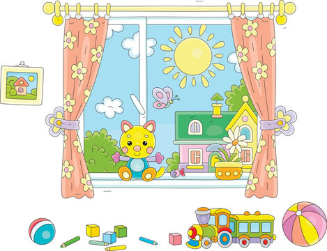 Funny toys in a nursery room with a window, curtains and a sunny summer landscape in a background, vector cartoon illustration isolated on white