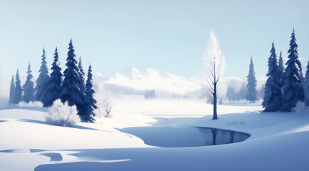 Winter landscape with a lake on a plain, snow-covered trees and mountains in the distance in sunny weather, AI generation