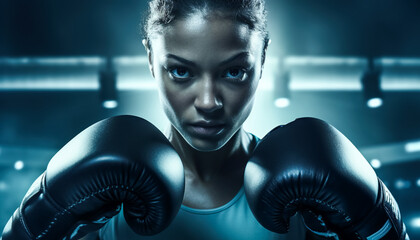 Boxing, gloves and portrait of woman. sports exercise, strong muscle or mma training. female boxer, workout and fist fight for impact, energy and warrior power in battle challenge