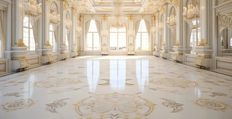 Foto op Aluminium A realistic fantasy white gold marble interior of the royal palace. golden palace. castle interior. Fiction Backdrop. concept art. digital ai art  © Viks_jin