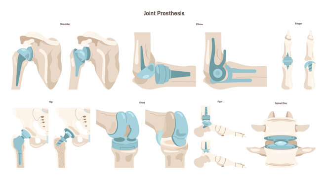 Joint implantation set. Injured or distracted human joint replaced