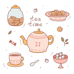 Set of doodles tea time. Colorful cartoon collection of ceramic teapot, cup of tea, cookies and sugar cubes. Vector illustration