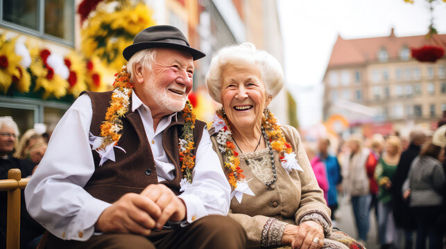 Senior German couple wearing traditional clothes at October Fest parade in Germany