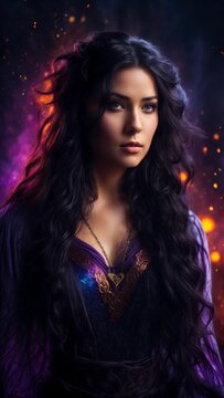 beautiful Witcher black long curly hair colorful Halloween theme