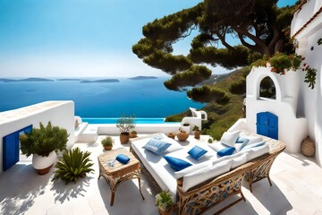 Mediterranean white house with pool on hill with stunning sea view. Summer vacation background
