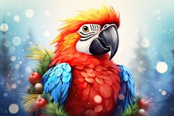 parrot in santa hat on a branch