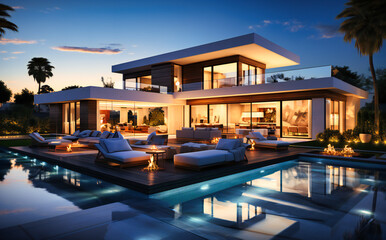 Fototapeta premium a beautiful, white home with a pool in the backyard