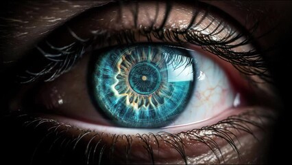 A close-up video showcasing the captivating details of a blue iris. Midway through the video, the pupil suddenly enlarges with the virtual graphic huds. - Powered by Adobe