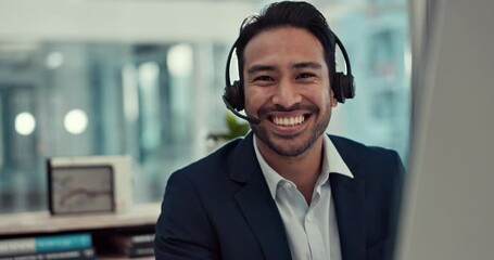 Happy businessman, call center and face in customer service, support or telemarketing at office. Portrait of asian man, consultant or agent smile with headphones in online advice or help at workplace - Powered by Adobe