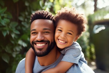 Portrait, happy father and boy smile in garden fun, vacation and break in summer happiness together. Black man and child smile, love and hug outdoor bonding free time on a sunny day in the park