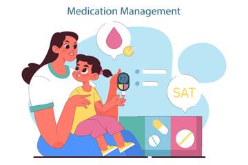 Children healthcare. Mother teaching and helping her diabetic kid