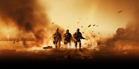 Military special forces soldiers crosses destroyed war zone through fire and smoke in the desert