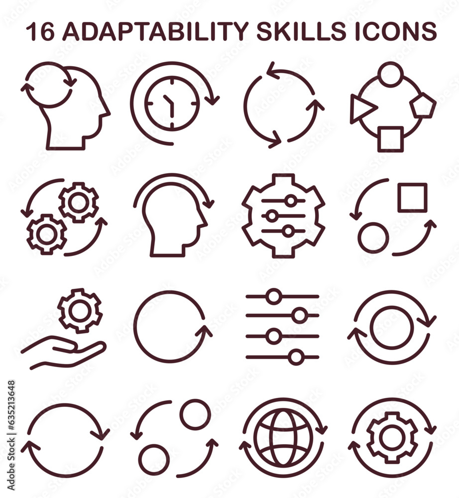 Poster adaptability skill icons set. quick respond to changes and performance