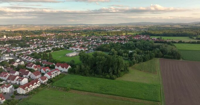 Drone panning over the small town of Dieburg near Darmstadt in southern Hesse at sunset