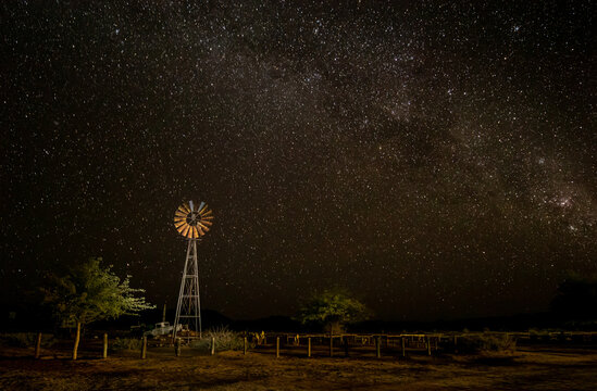 Starry night sky and windmill, Solitaire, Namibia