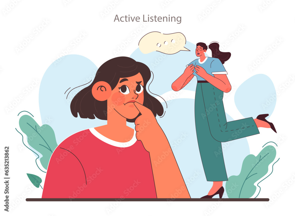 Poster soft skill development. character with active listening skill. effective