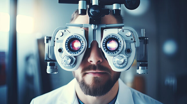 Doctor at a optical clinic with futuristic ophthalmoscope equipment performing eye test and vision cure research