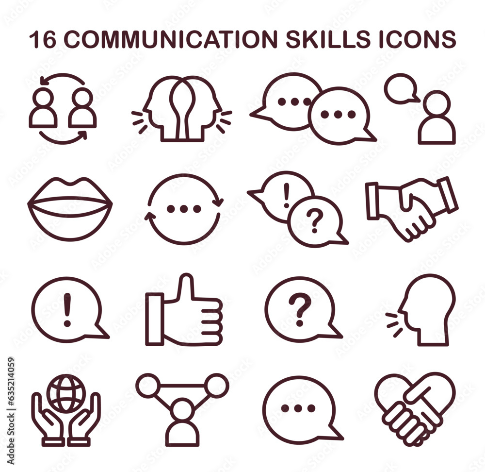 Poster communication skill icons set. conversation and discussion soft skill