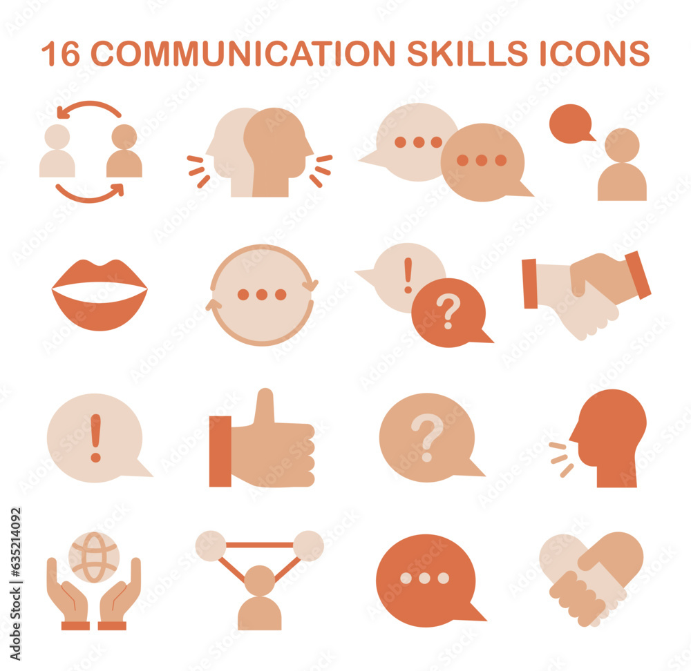 Poster communication skill icons set. conversation and discussion soft skill