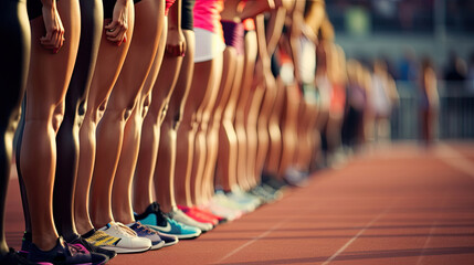 Sports photo from the sidelines of the starting line of an Olympic track race, beautiful athletic women are lined up in the starting line ready for the start of the race
