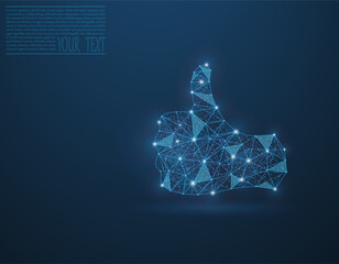 Thumb up made up of lines and dots. Thumb on a dark blue background, in a technological grid. Thumb illustration. Vector icon.
