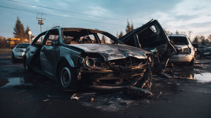 Fototapeta premium Damaged cars after an accident on the highway